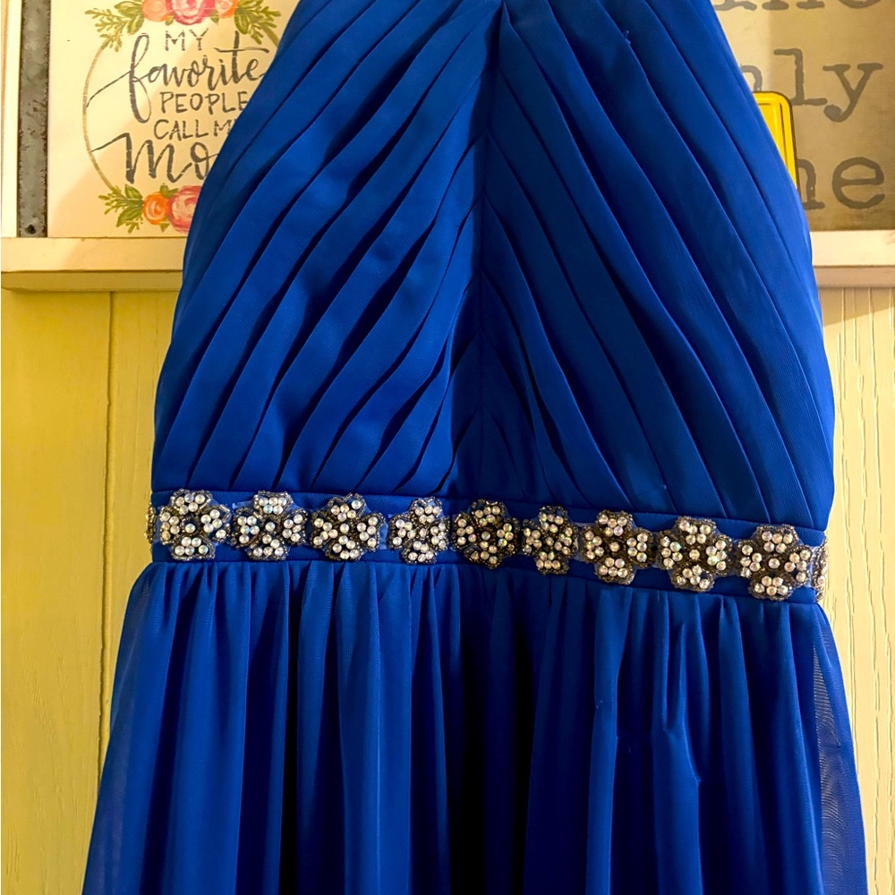 Elegant Blue Pleated Skirt with Embellished Waist
